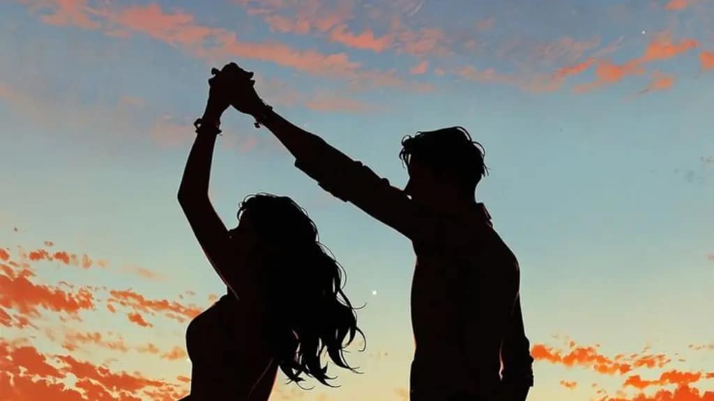 Pareja bailando con el atardecer de fondo.